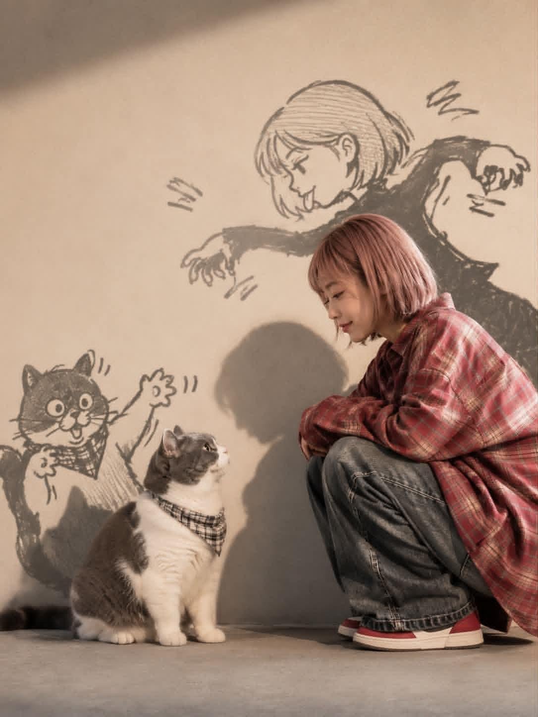 动漫风格女孩与猫的奇幻影子互动