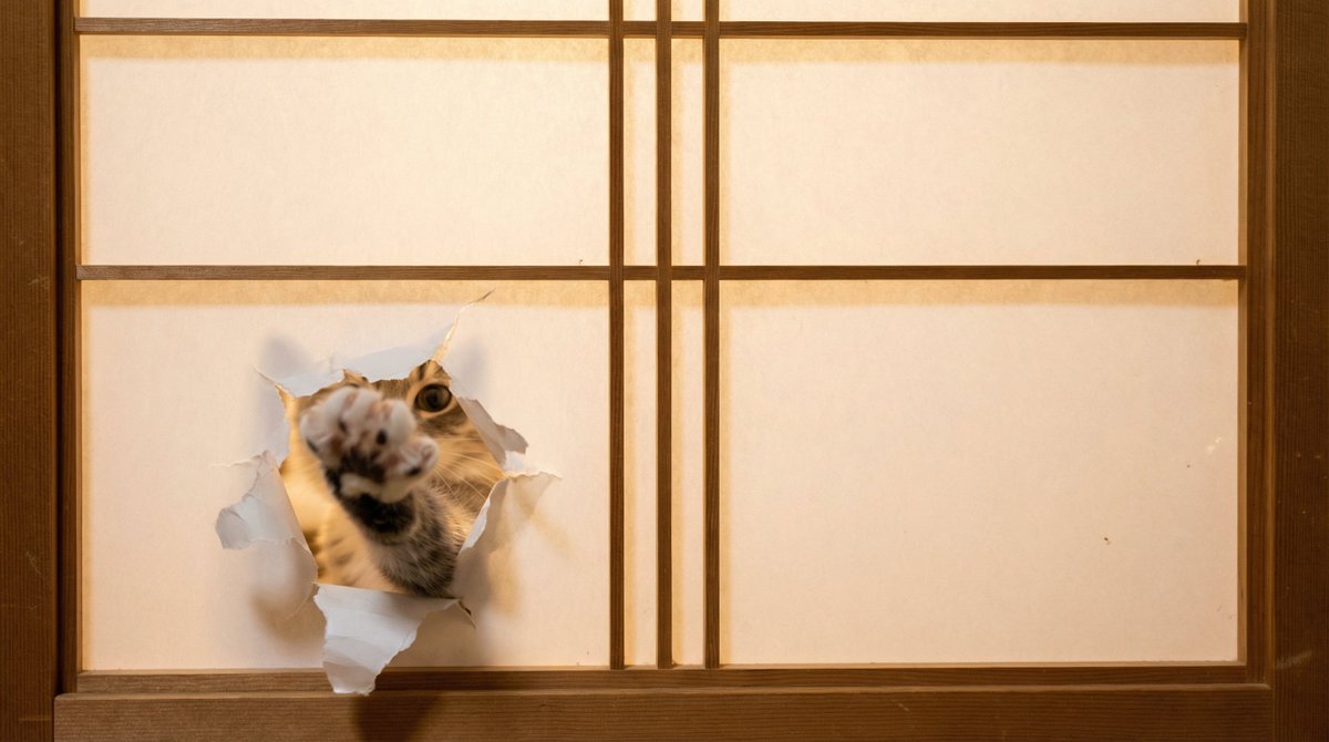 障子门前的猫