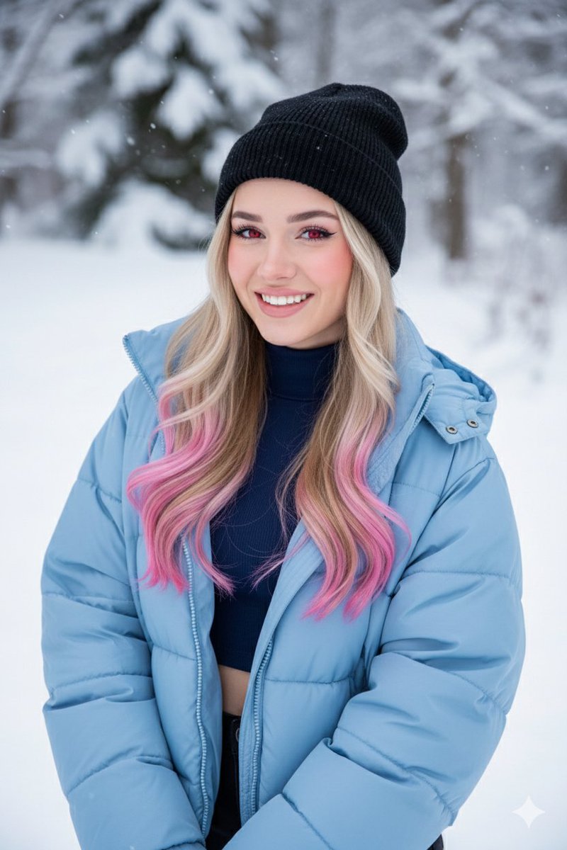 粉梢金发少女的冬日雪景写真