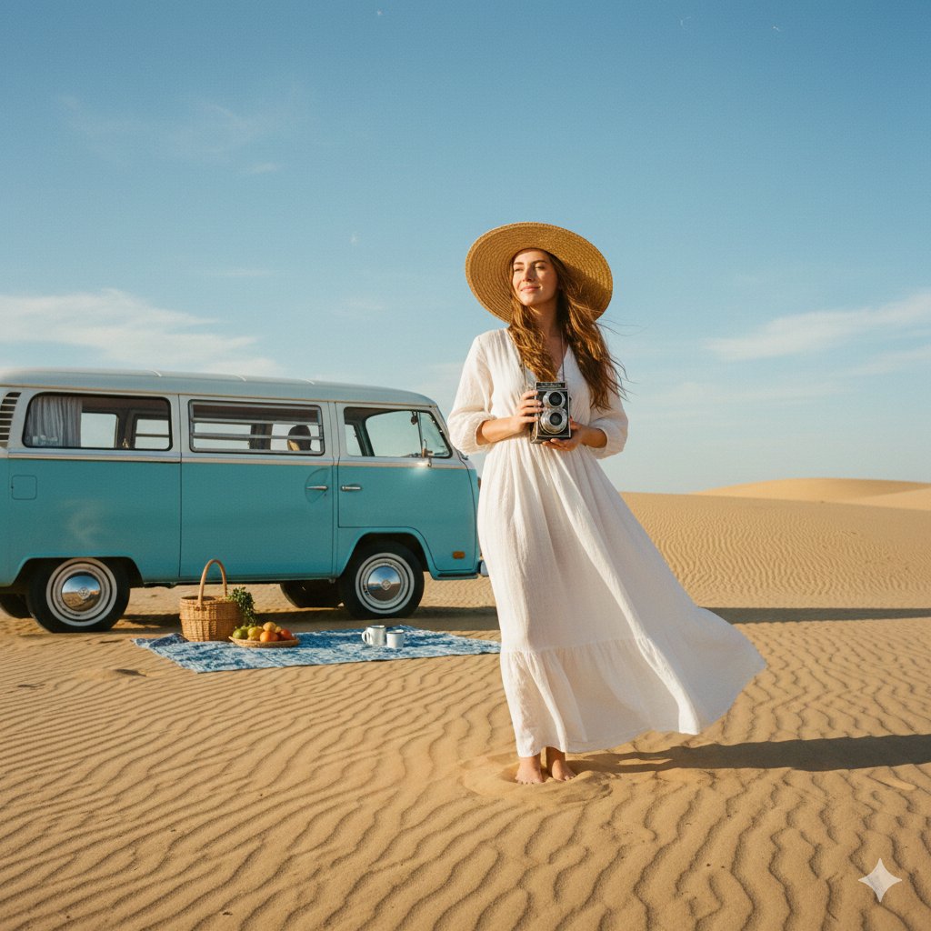 沙漠白裙女子的波西米亚旅行