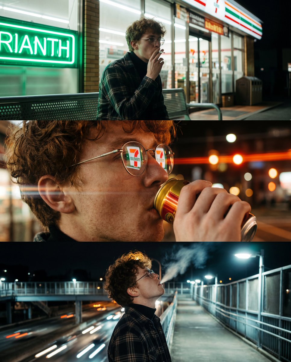 A 竖版 triptych of three cinematic,...