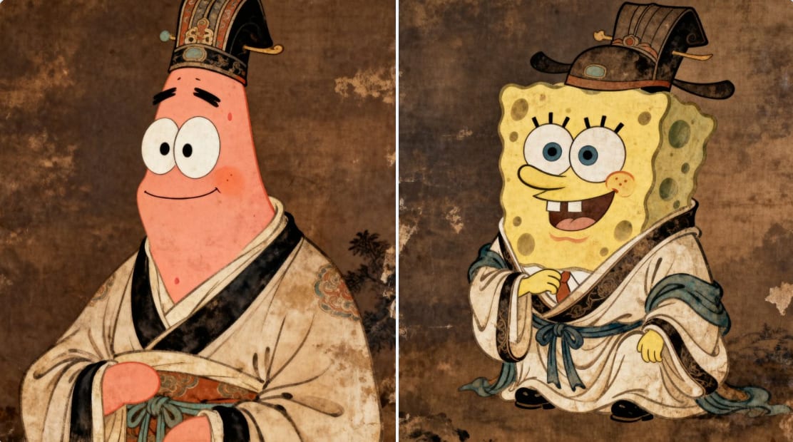 身穿古代服饰的派大星和海绵宝宝