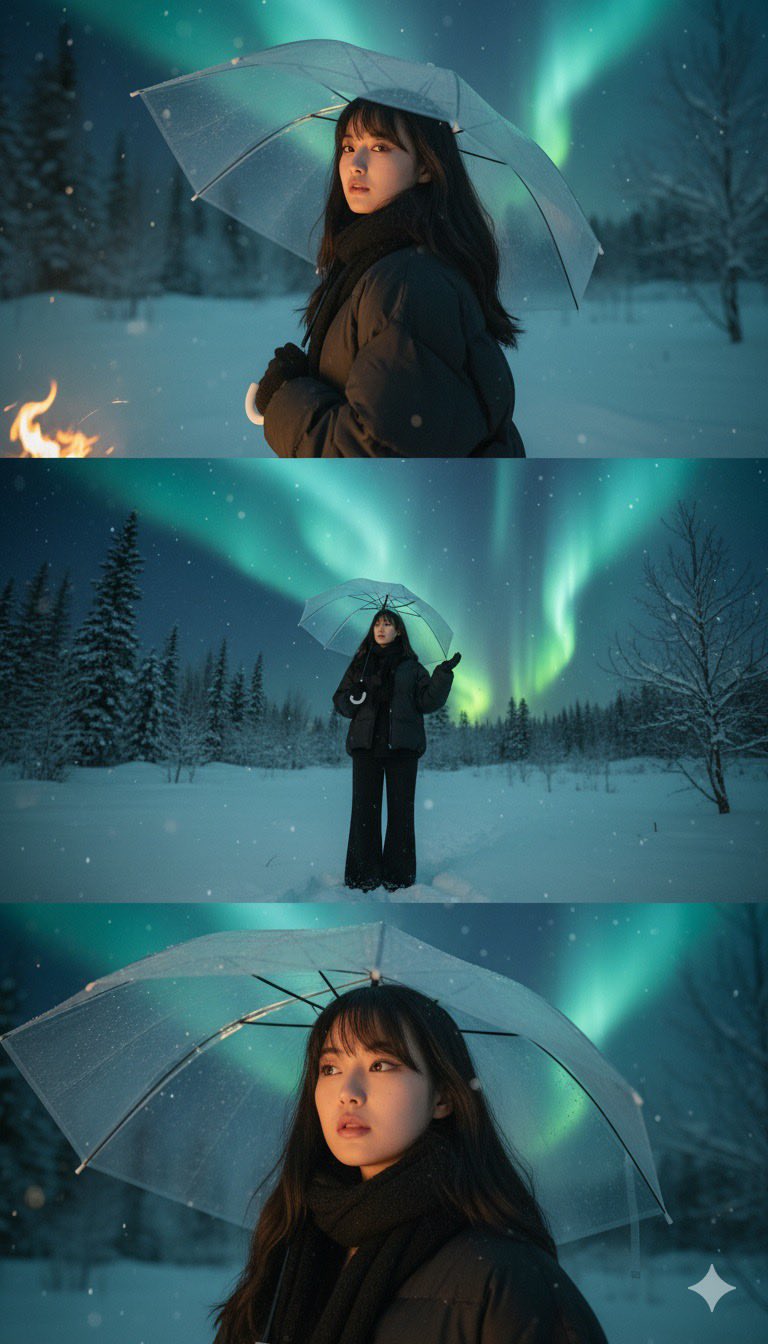 极光雪景下的忧郁少女三联画：超写实数字艺术呈现