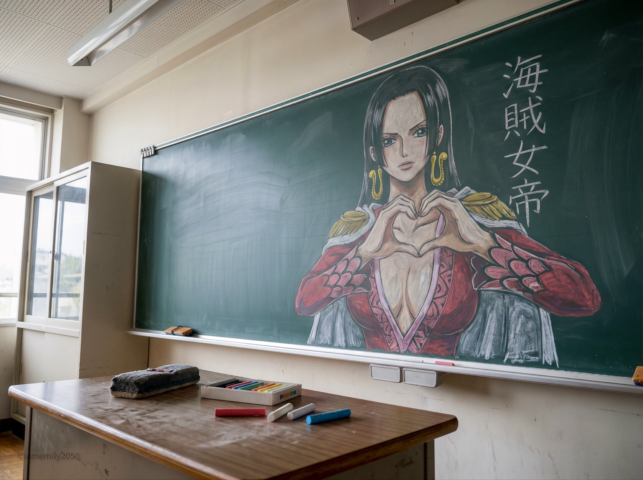 黑板粉笔画艺术：展现《海贼王》波雅·汉库克的细腻再现