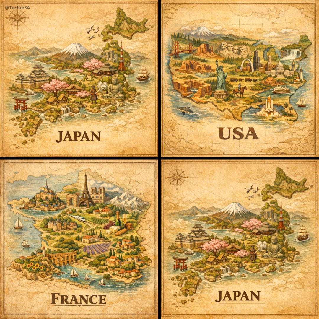 手绘复古地图鸟瞰国家风光