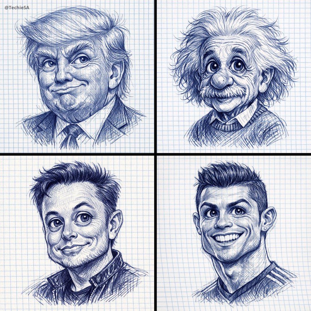 格子纸上的圆珠笔素描肖像