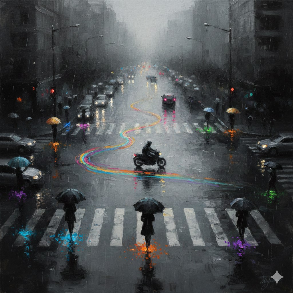 雨夜街口的印象派光影油画