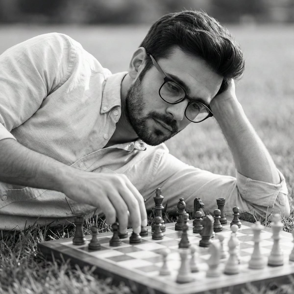 草地棋盘旁的沉思少年