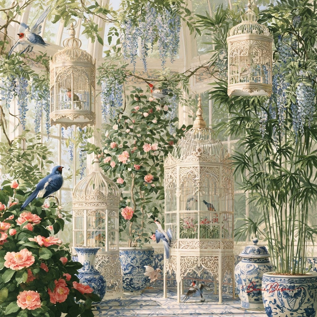 中国风温室：青花瓷鸟笼花鸟构图