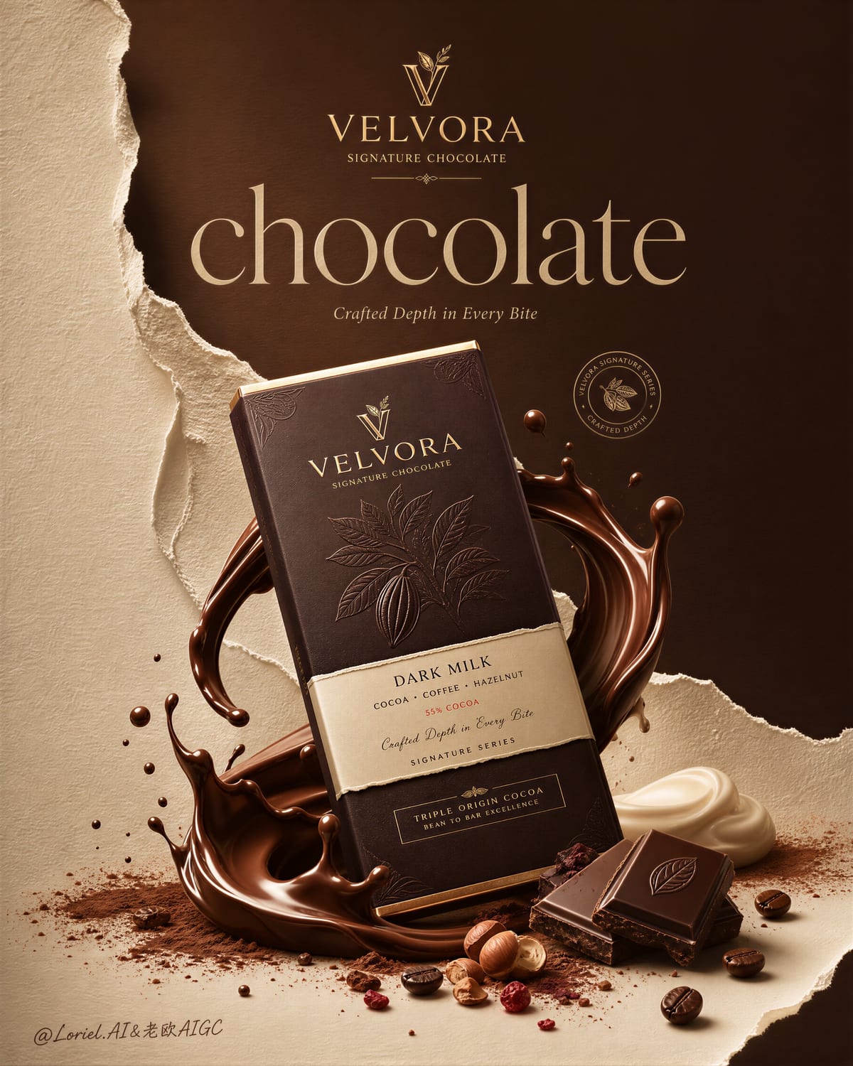 VELVORA 巧克力：翡翠金边撕裂纸海报