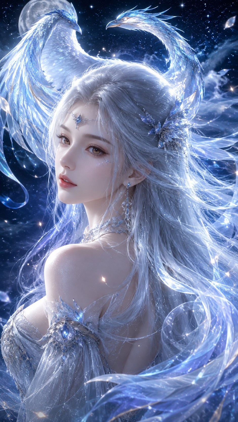 银发幻想少女与冰蓝神鸟：3D CG梦幻插画
