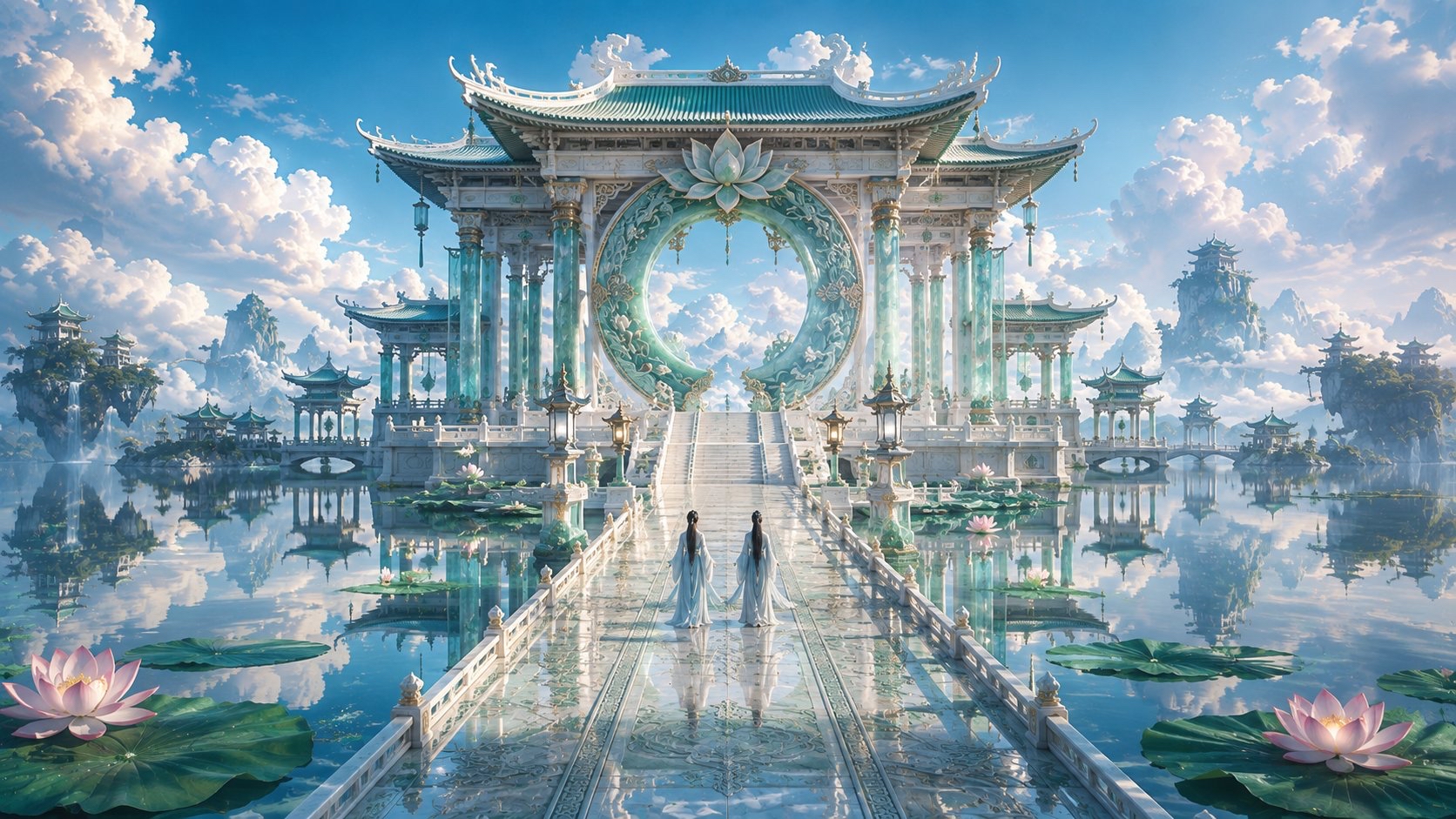 玉石天阶穿云海：五人背影登天门