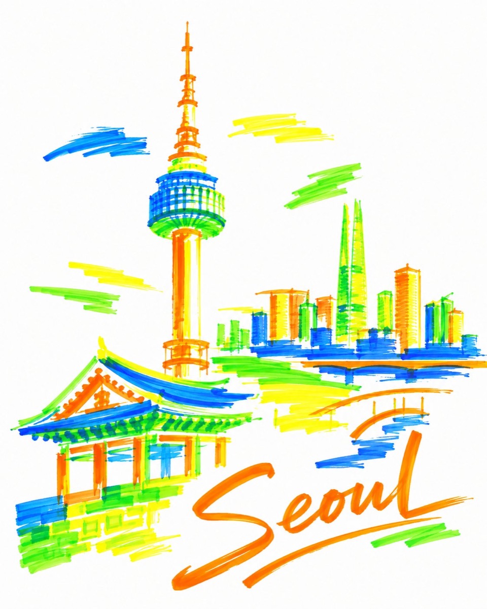 荧光笔旅行海报：四色地标速写 - 图 5