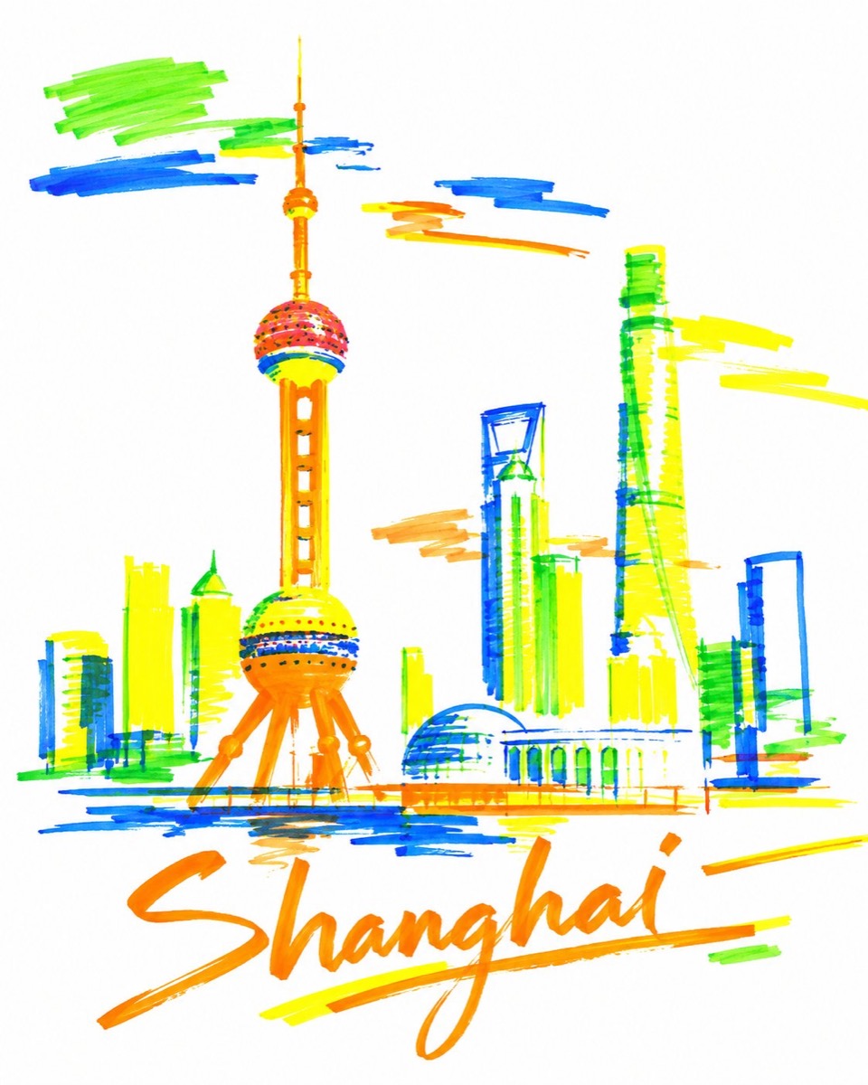荧光笔旅行海报：四色地标速写 - 图 6