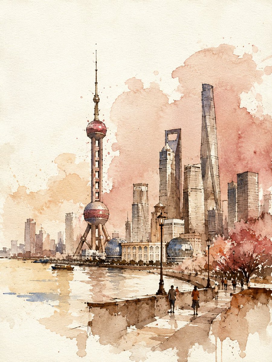 水彩漫游：墨水笔触下的城市地标速写