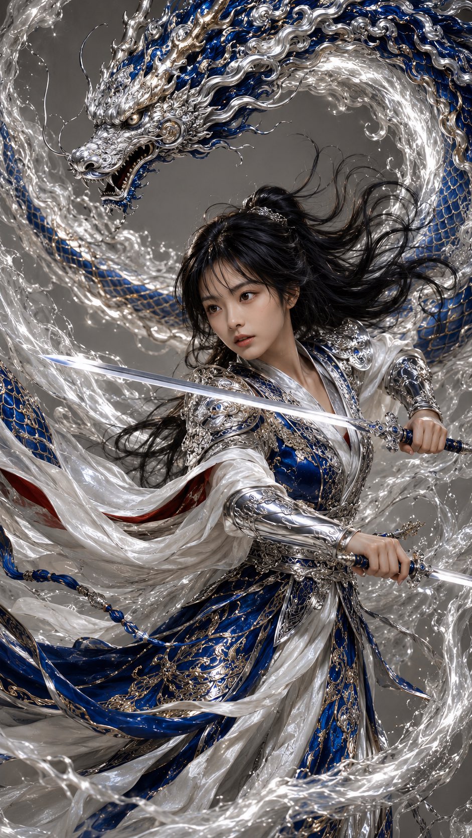 景泰蓝银甲：东方女战士双剑风暴