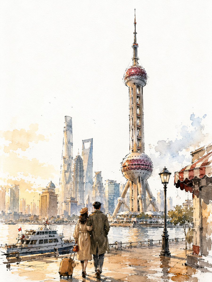 复古四城：水彩墨水的城市地标旅行明信片