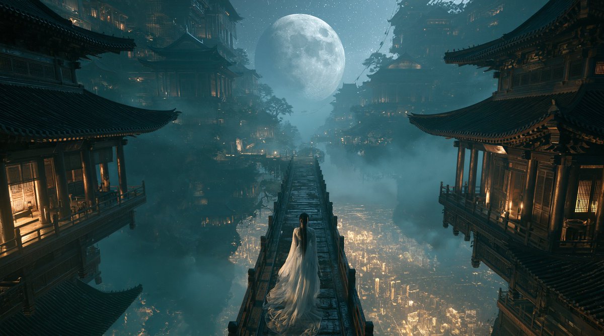 月下天城:白衣背影走向云海深处的仙宫