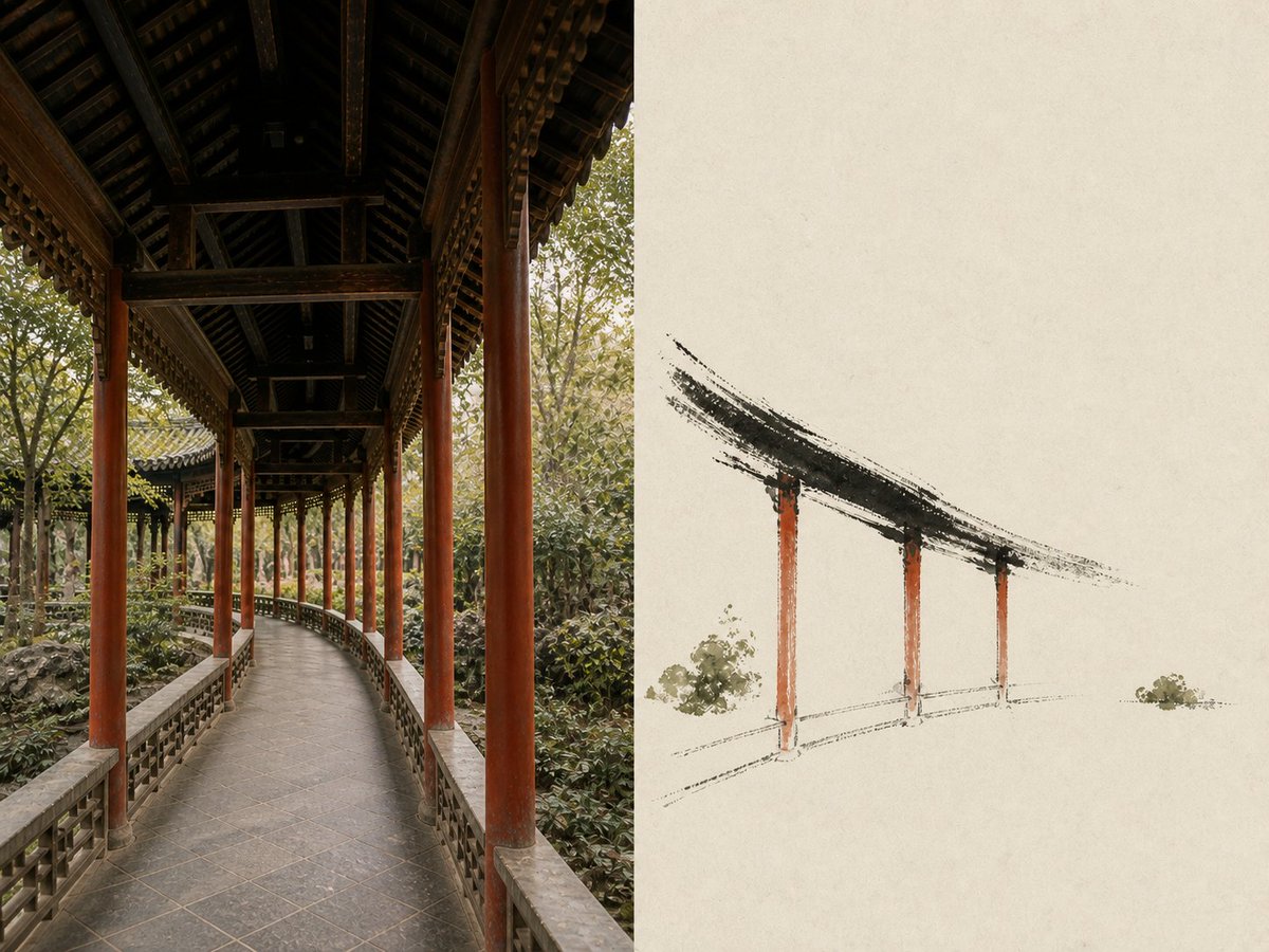 中式庭院水墨观察画：墨线设色 - 图 2
