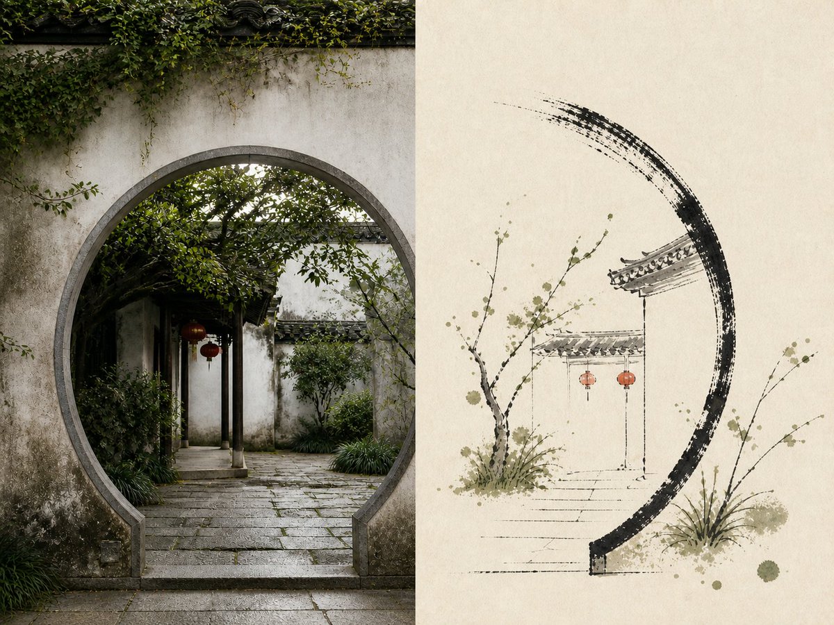 中式庭院水墨观察画：墨线设色 - 图 3