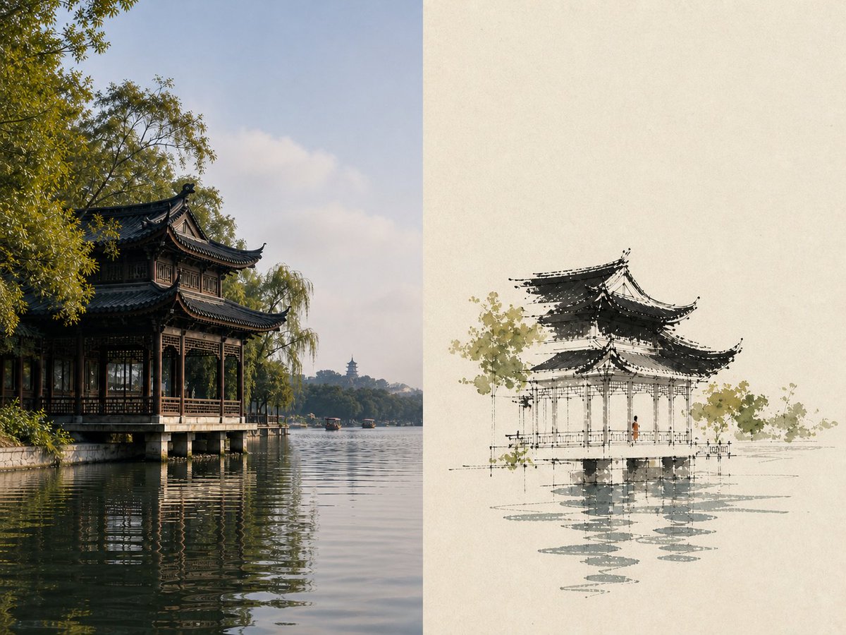 中式庭院水墨观察画：墨线设色 - 图 4