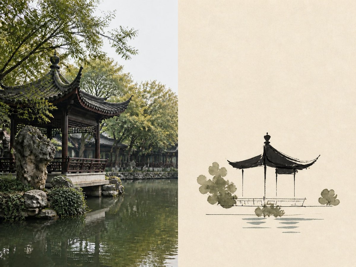 中式庭院水墨观察画：墨线设色