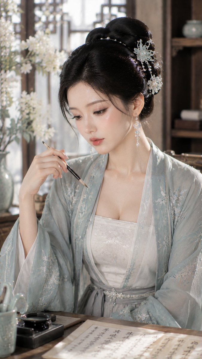 古韵书香：霁青褙子书卷气人像