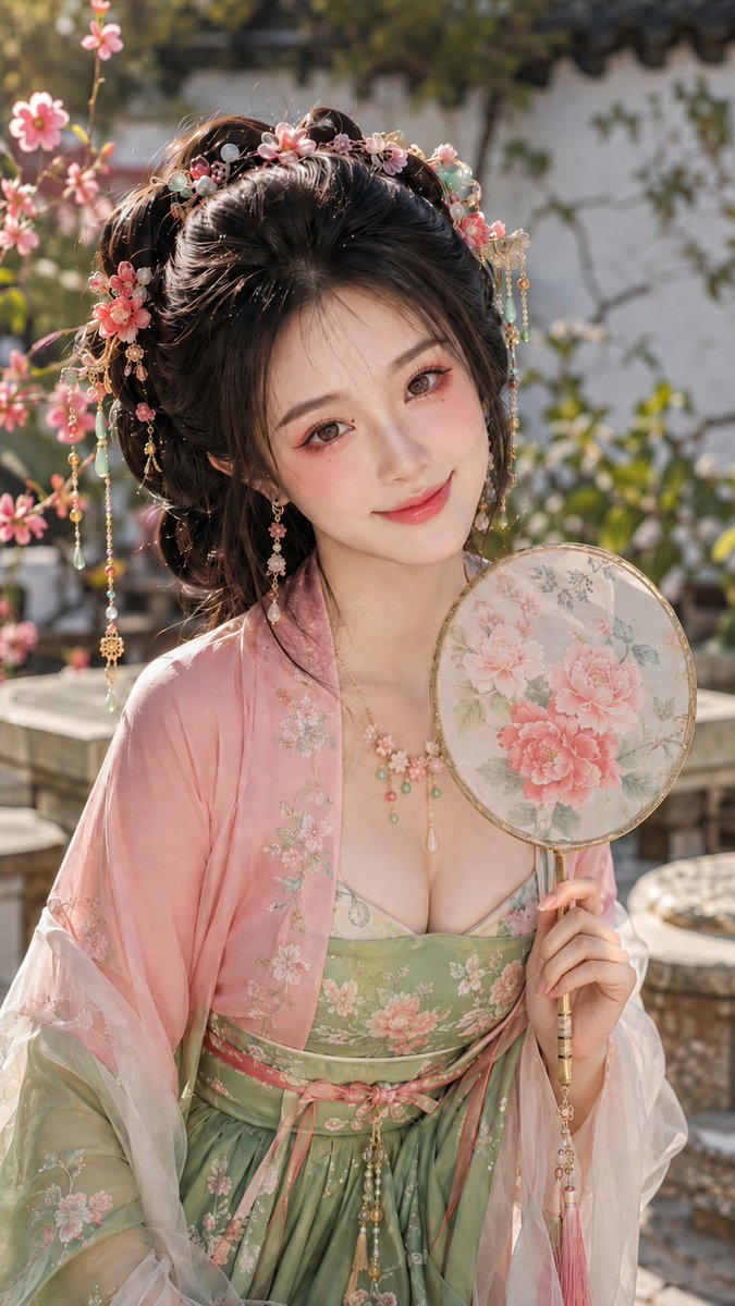 御园春色：古风贵女团扇庭院写真
