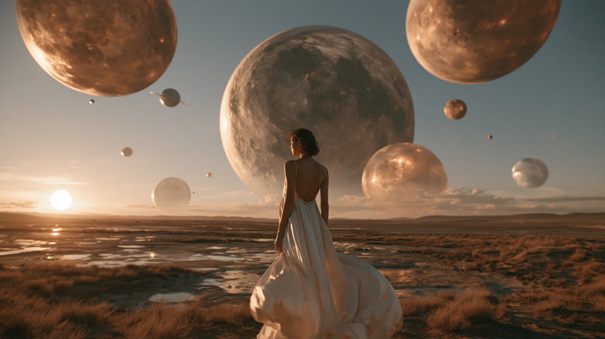 IMAX 65mm 异星黄昏：白裙女子站在多月中天