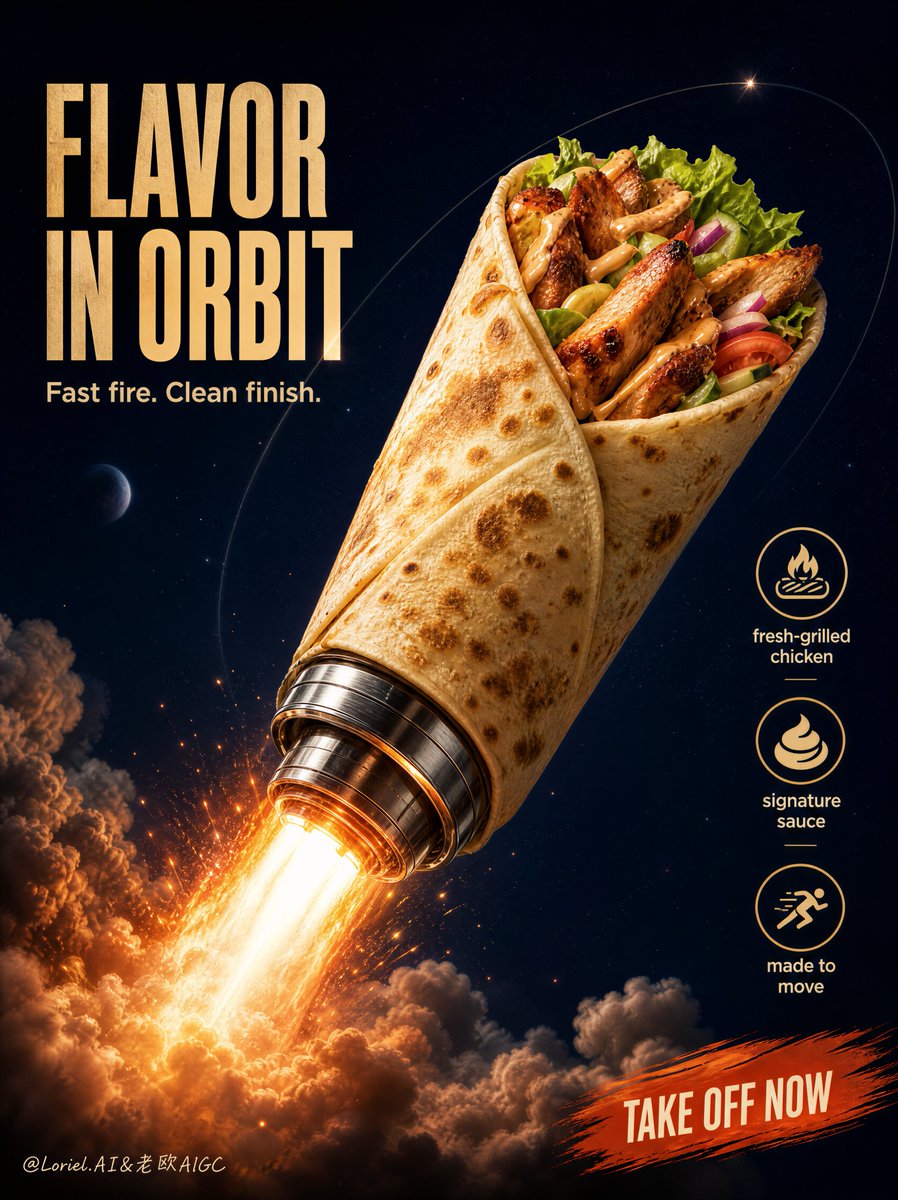 ASTROWRAP 卷饼火箭：食品广告 orbit 构图