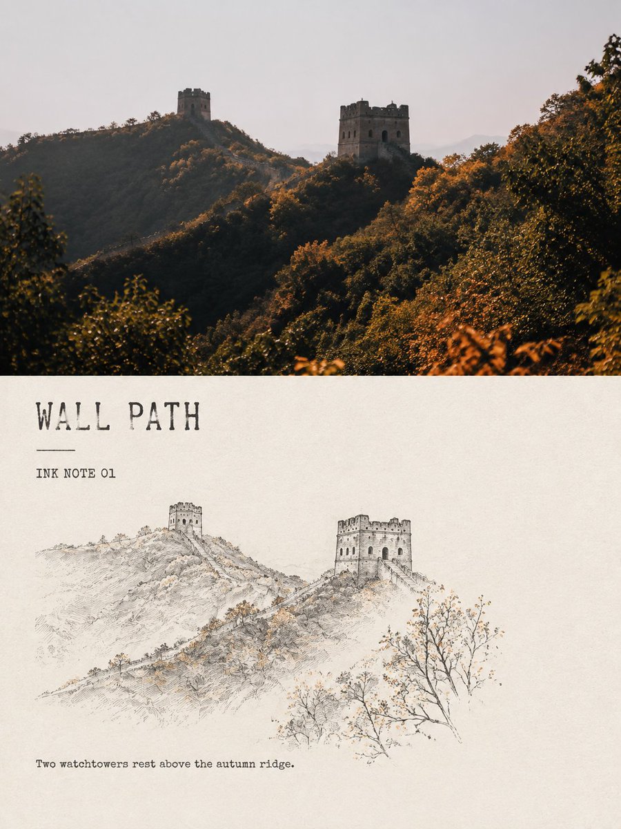 极简墨线风景小笺:旅行照片被提炼成纸上一页