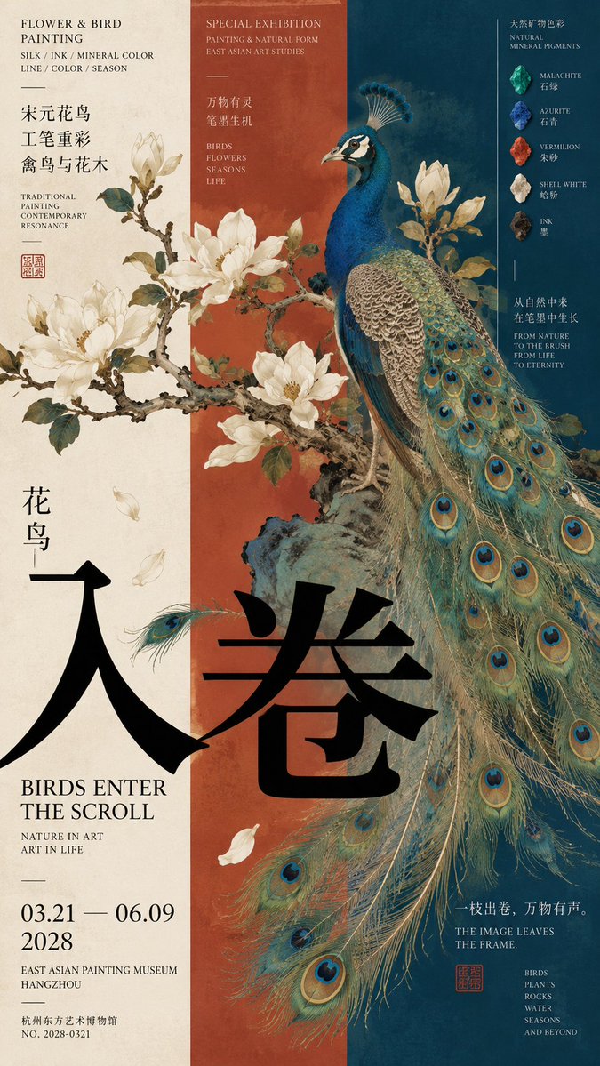 花鸟入卷:东方文化三栏展览海报