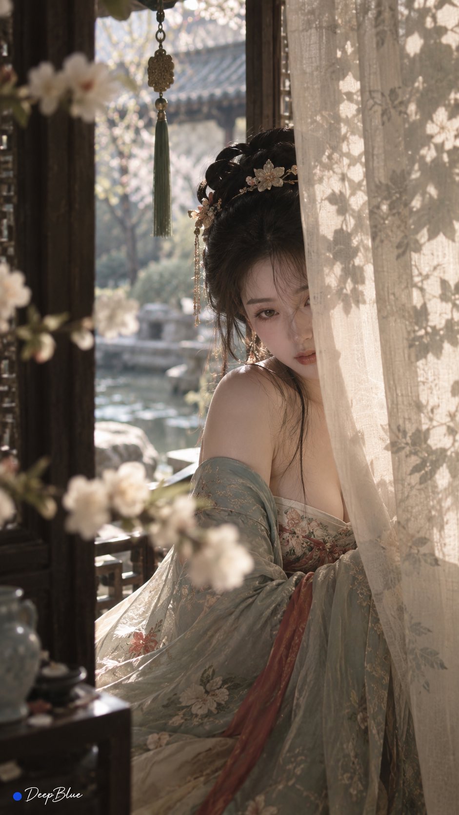 惊鸿一瞥：花影帘幕后的古典琵琶佳人