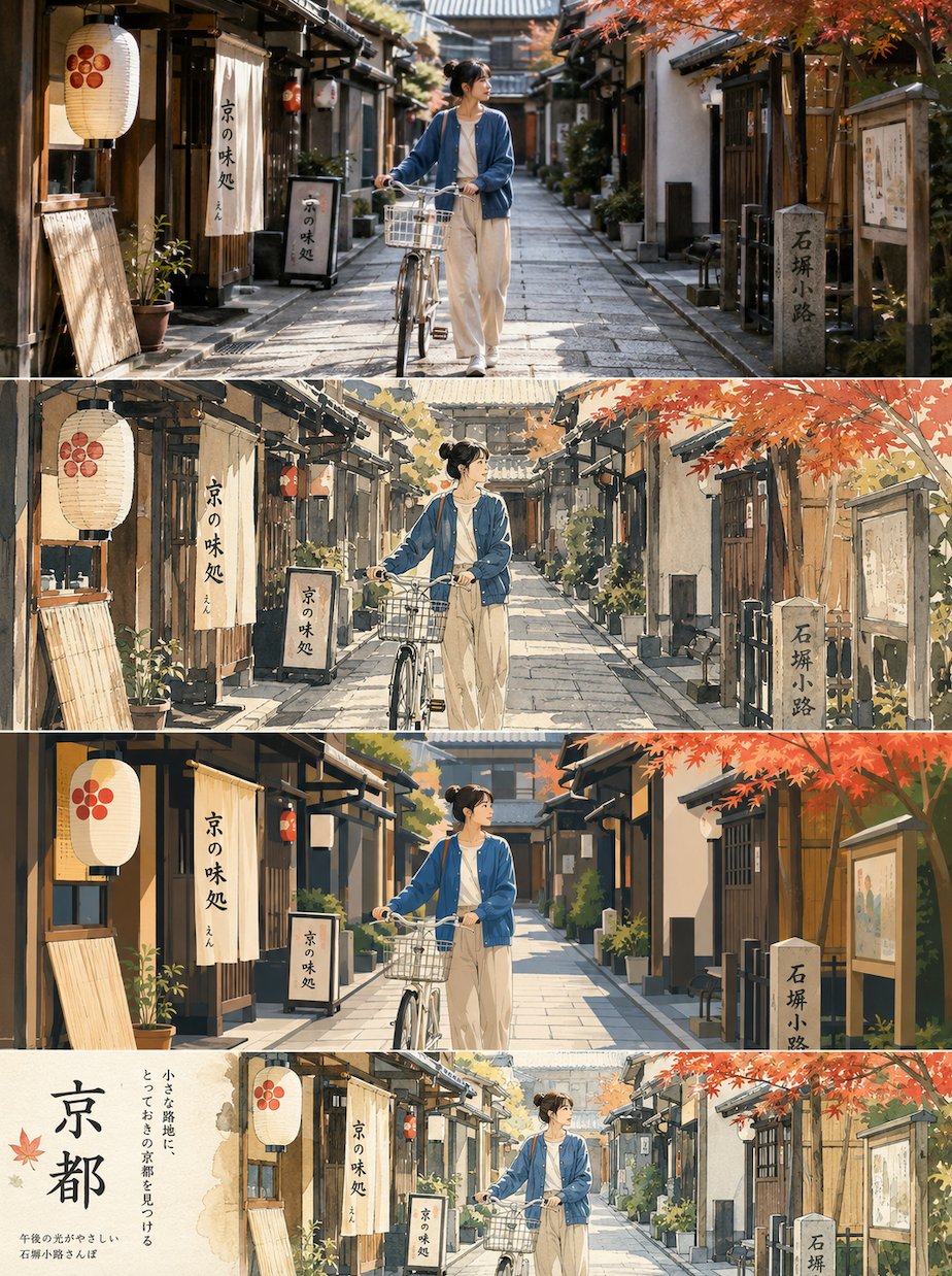 旅行实拍→编辑插画：四拼风格进化海报