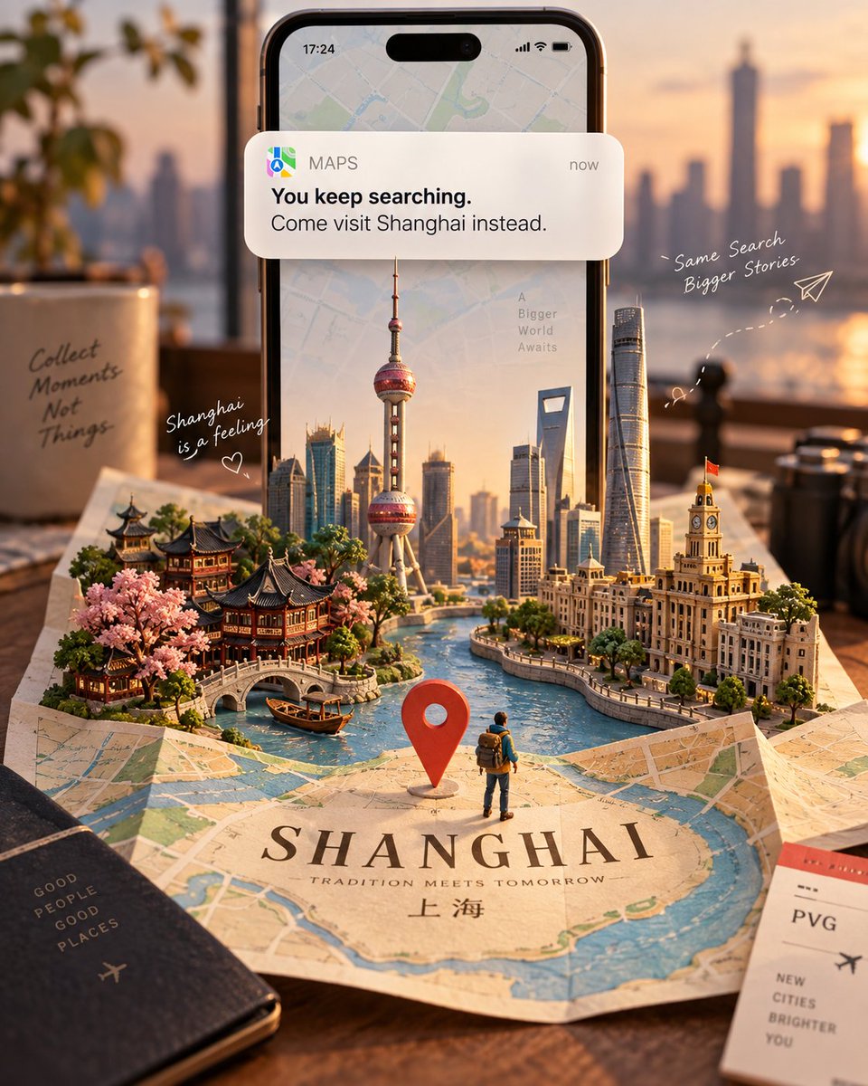 手机旅行海报：导航卡片叠入画面