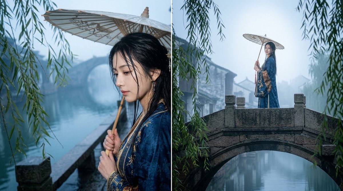 江南晨雾纸伞少女：冷蓝暮光中的东方诗意 - 图 2