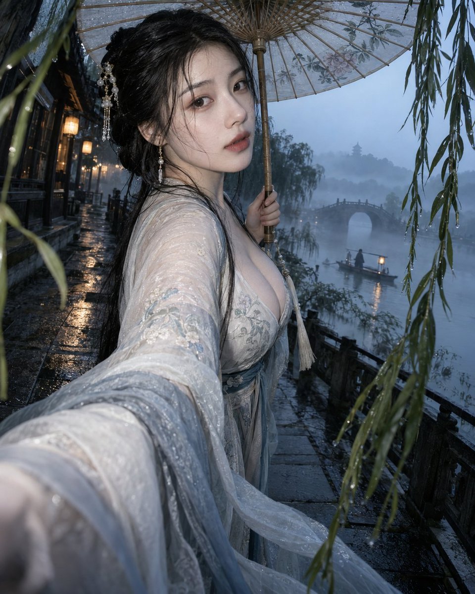 江南晨雾纸伞少女：冷蓝暮光中的东方诗意 - 图 3