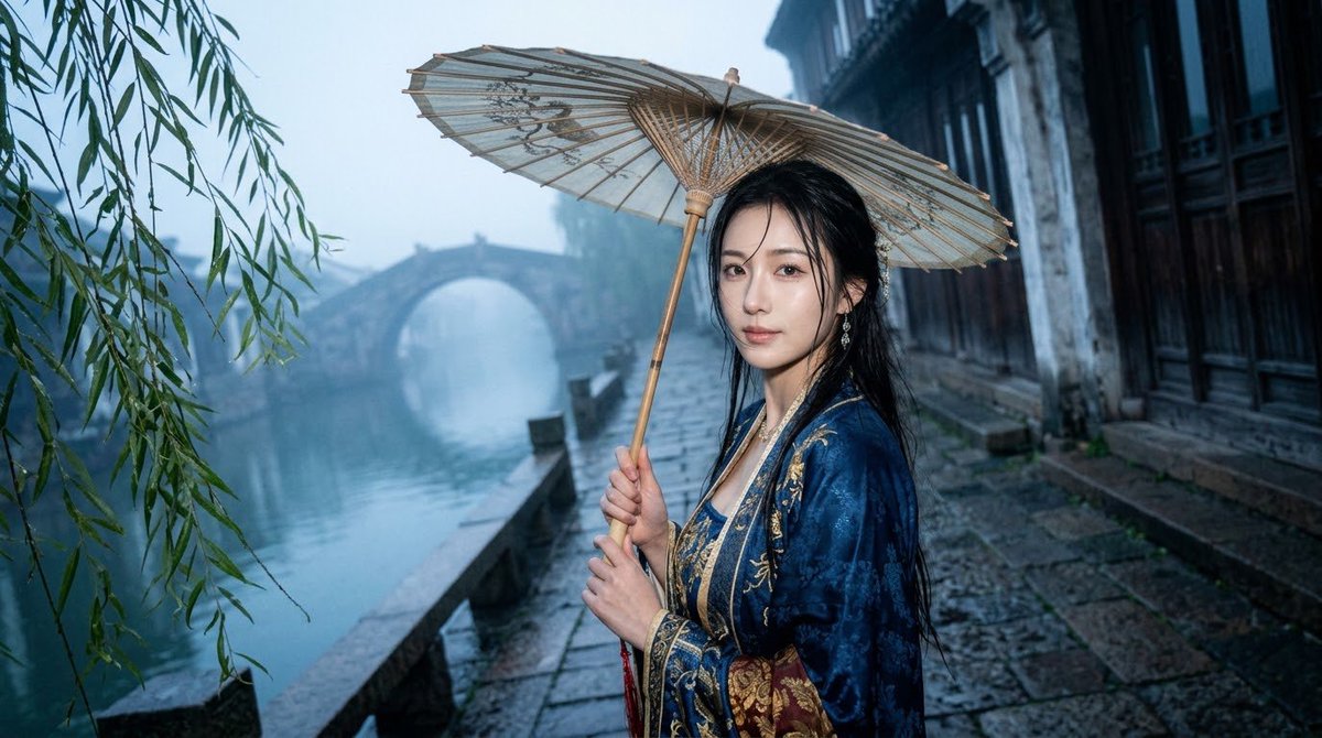 江南晨雾纸伞少女：冷蓝暮光中的东方诗意