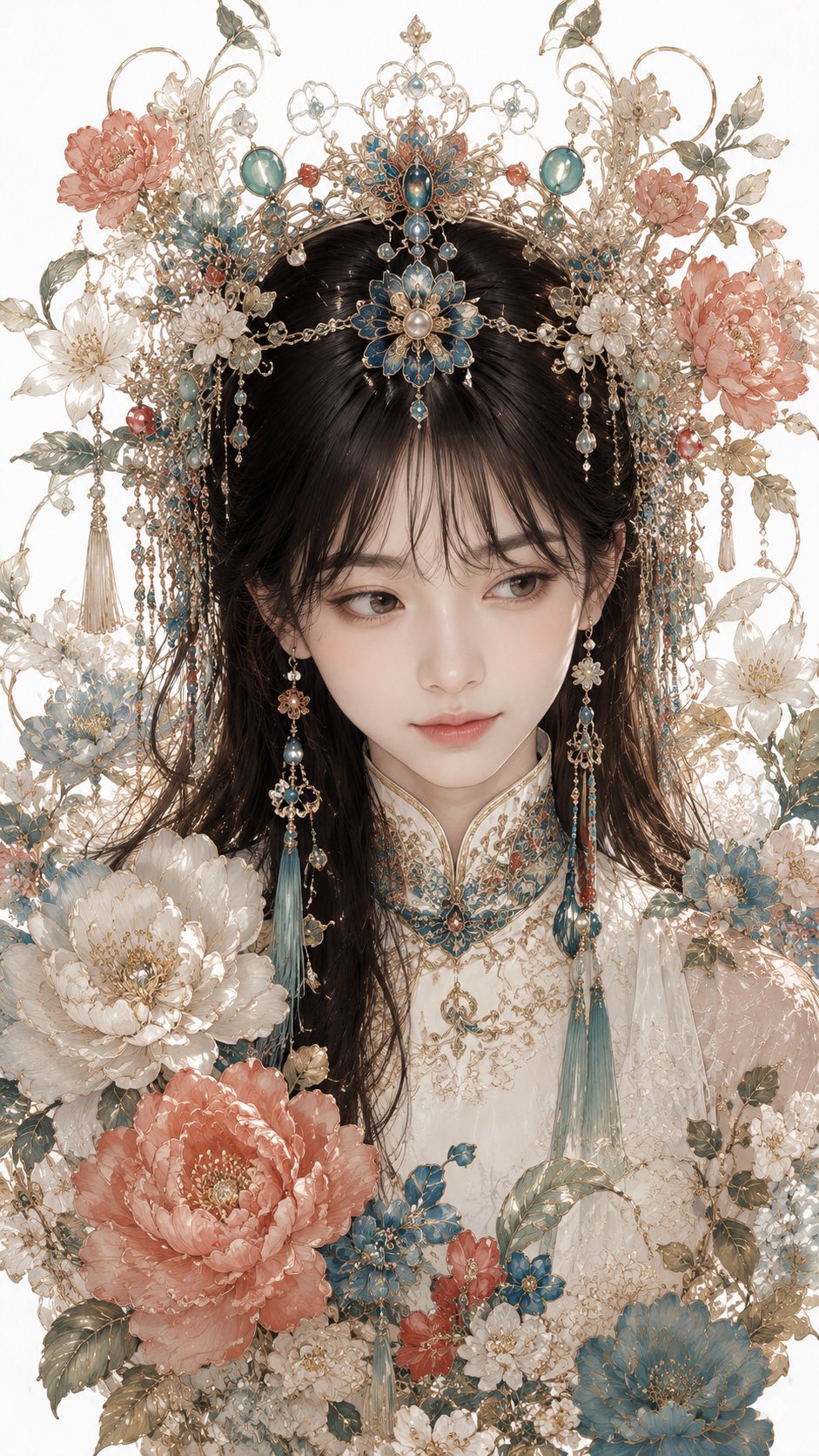 新中式工笔人像：珐琅珠宝与丝线刺绣的对称构图